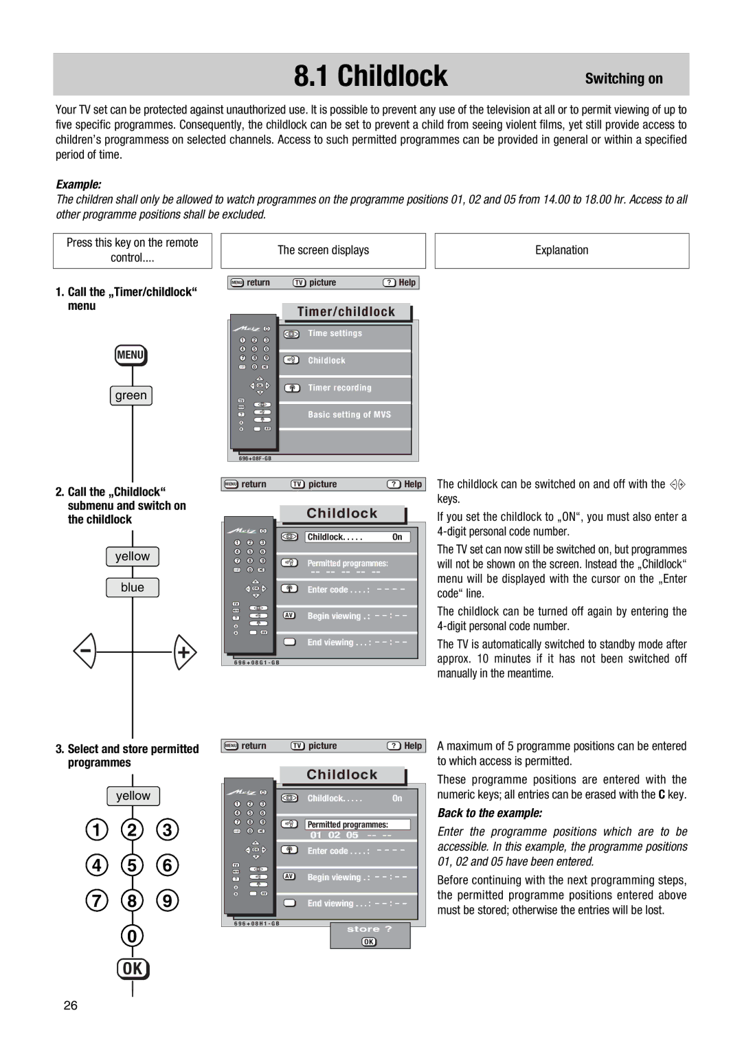 Metz Nordkap-S 70, MF 55TG68, TG 73 - 100 MT operating instructions Childlock, Switching on, Manually in the meantime 