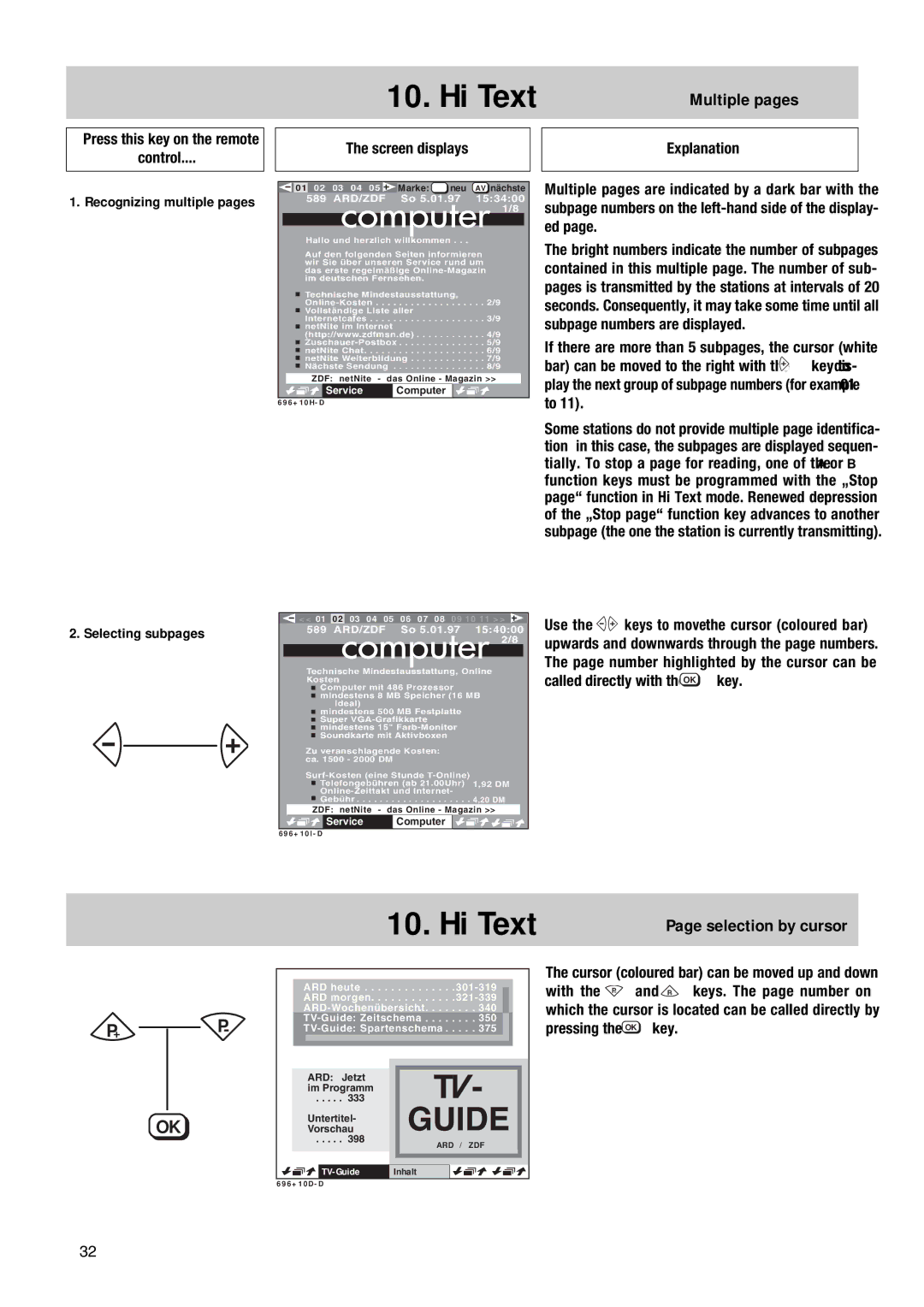 Metz TG 73 - 100 MT, MF 55TG68, Nordkap-S 70 operating instructions Multiple pages, Selection by cursor, Selecting subpages 