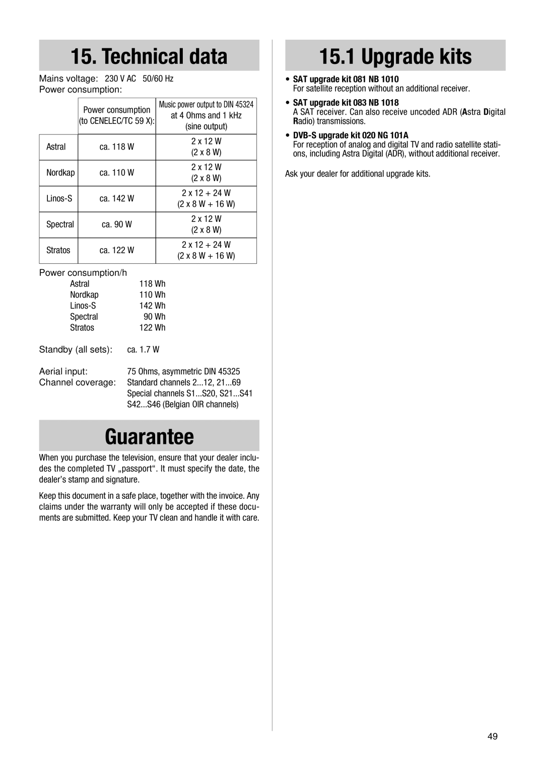 Metz MF 55TG68, Nordkap-S 70, TG 73 - 100 MT operating instructions Technical data, Guarantee, Upgrade kits 