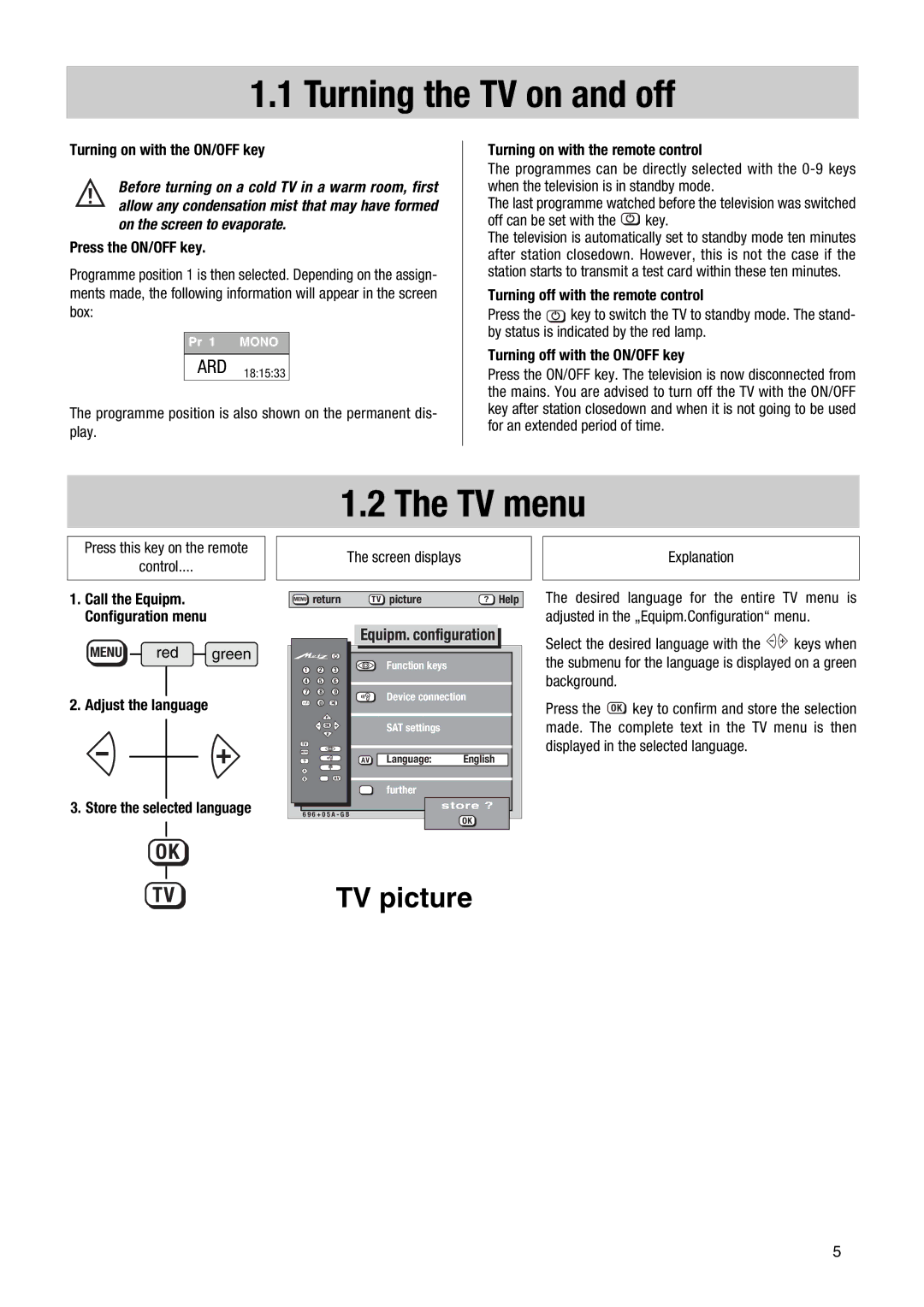 Metz MF 55TG68, Nordkap-S 70, TG 73 - 100 MT operating instructions Turning the TV on and off, TV menu 