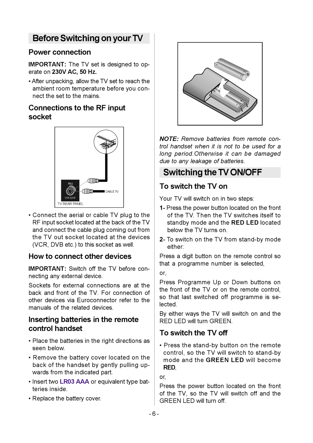 Metz MF 55TK36 operating instructions Before Switching on your TV, Switching the TV ON/OFF 