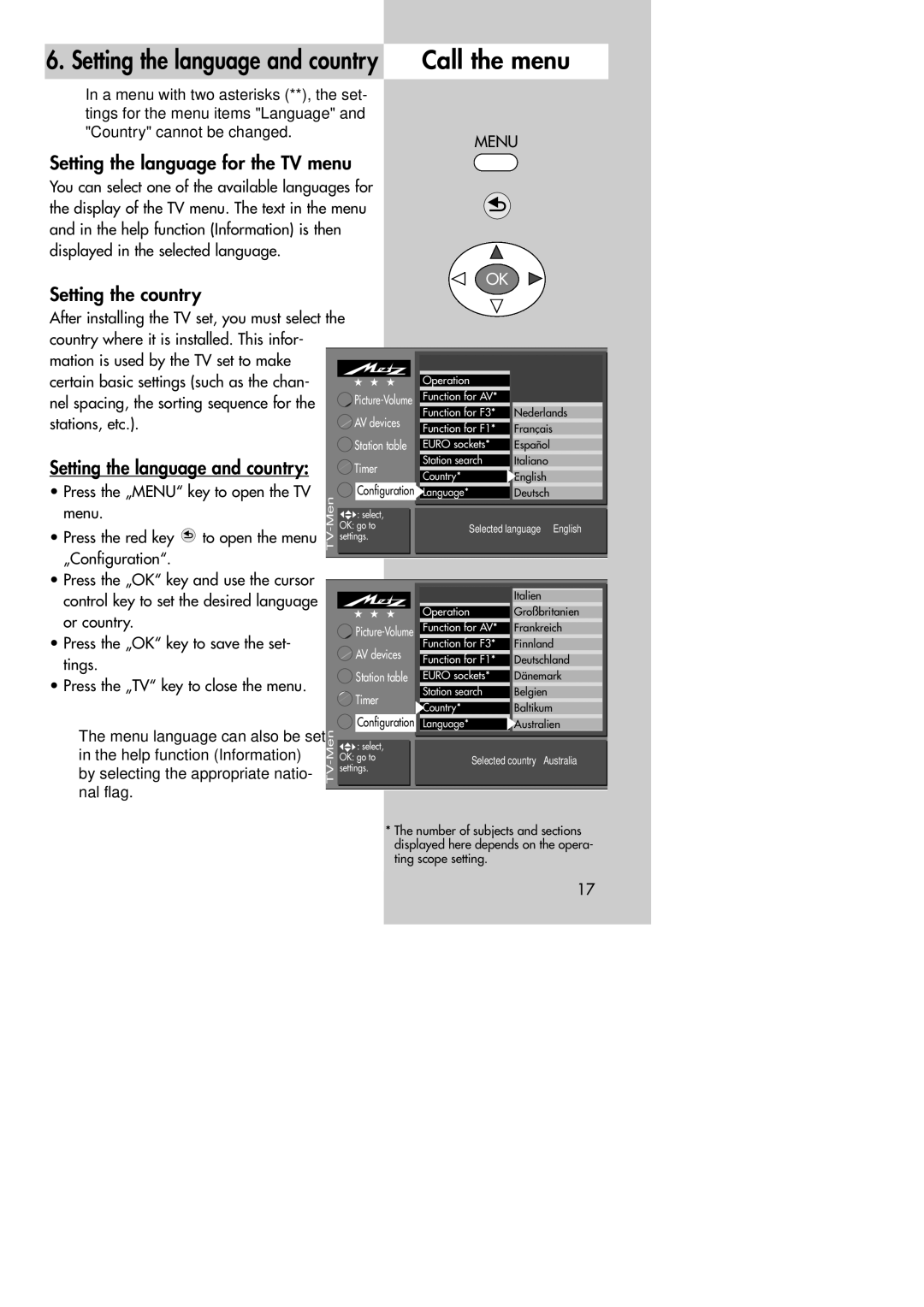 Metz MF 72TK80, MF 72TK81, MF 72TK86, MF 82TK96, MF 82TK97, MF 84TK89 manual Setting the language for the TV menu 