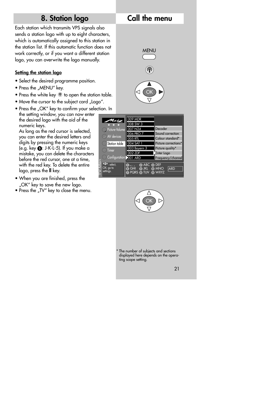 Metz MF 72TK80, MF 72TK81, MF 72TK86, MF 82TK96, MF 82TK97, MF 84TK89 manual Station logoCall the menu 