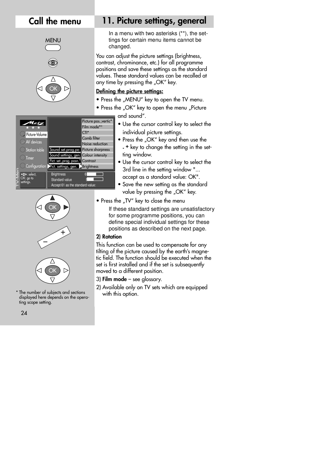 Metz MF 72TK80, MF 72TK81, MF 72TK86, MF 82TK96, MF 82TK97, MF 84TK89 manual Picture settings, general 