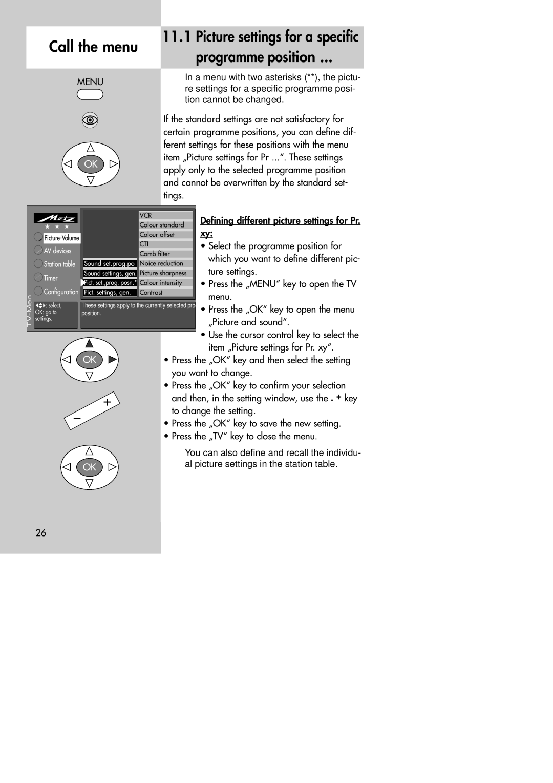 Metz MF 72TK80, MF 72TK81, MF 72TK86, MF 82TK96, MF 82TK97, MF 84TK89 Picture settings for a specific Programme position 