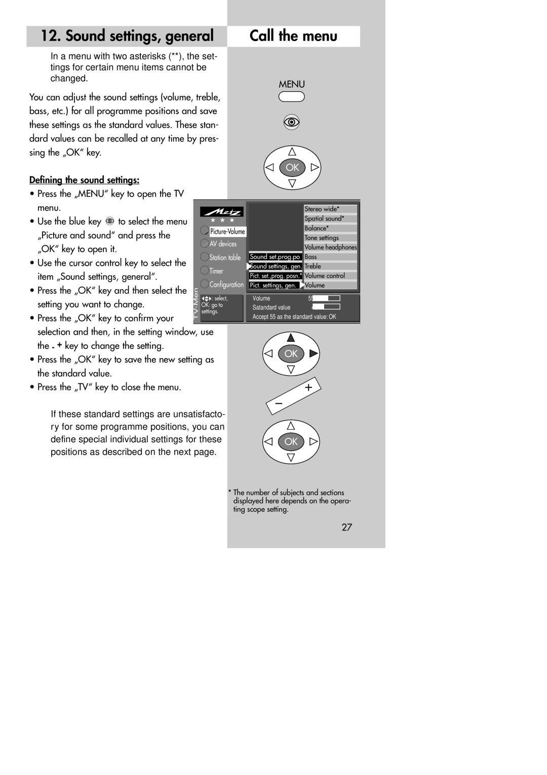 Metz MF 72TK80, MF 72TK81, MF 72TK86, MF 82TK96, MF 82TK97, MF 84TK89 manual Sound settings, general Call the menu 