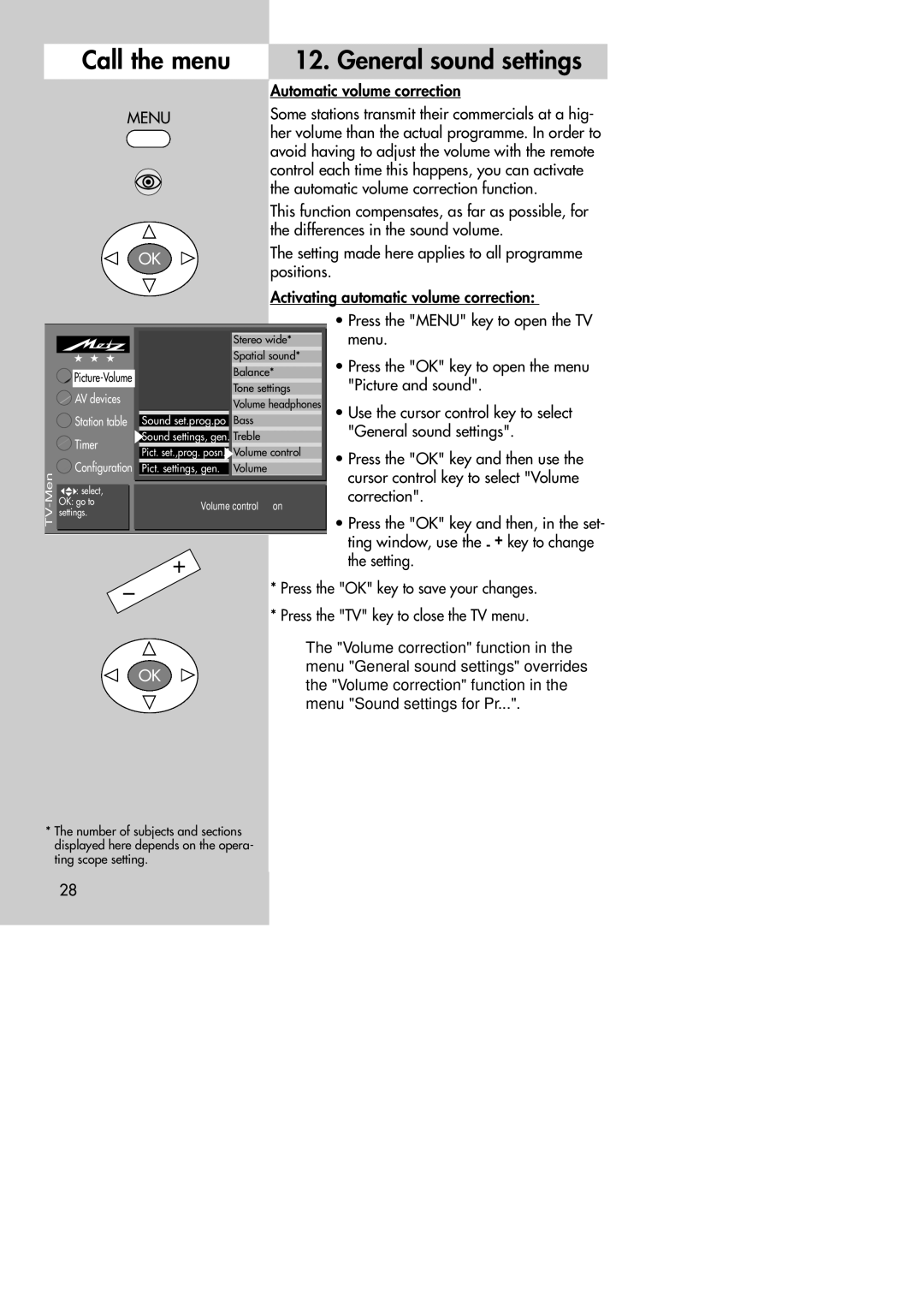 Metz MF 72TK80, MF 72TK81, MF 72TK86, MF 82TK96, MF 82TK97, MF 84TK89 manual Call the menu General sound settings 