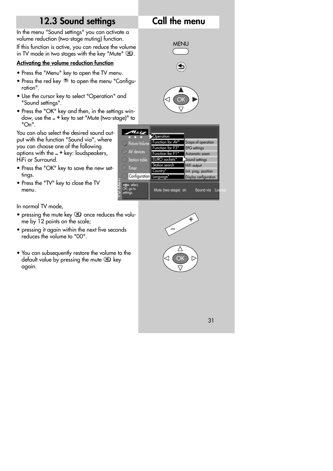 Metz MF 72TK80, MF 72TK81, MF 72TK86, MF 82TK96, MF 82TK97, MF 84TK89 manual Sound settings Call the menu, HiFi or Surround 