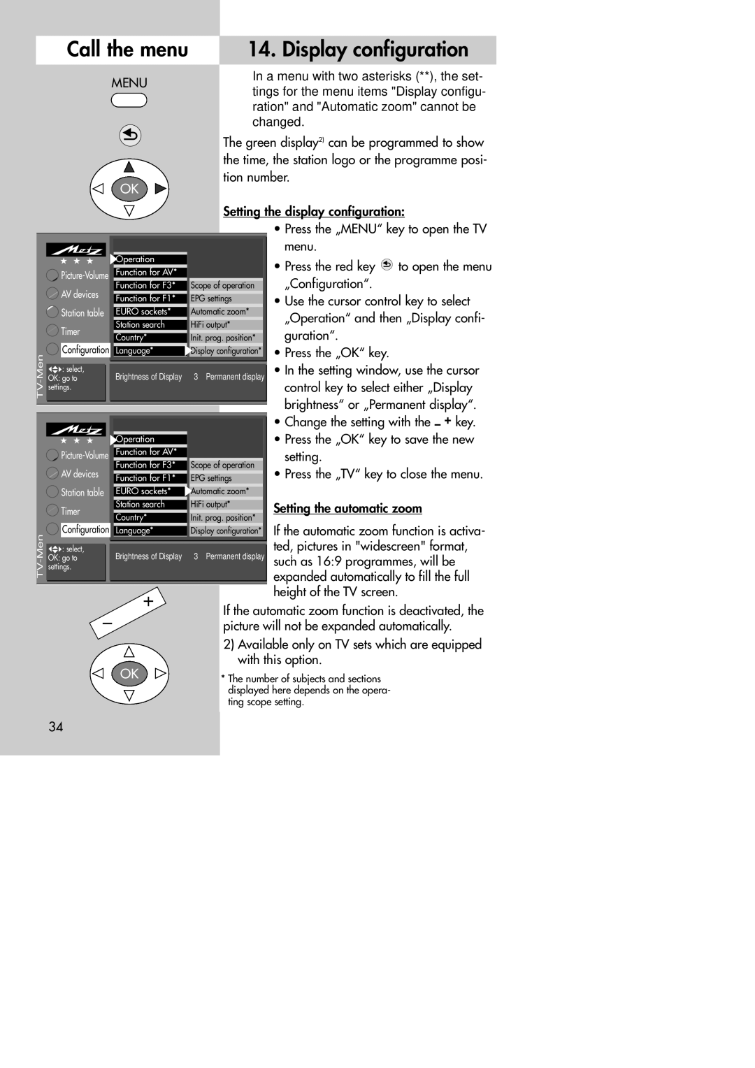 Metz MF 72TK80, MF 72TK81, MF 72TK86, MF 82TK96, MF 82TK97, MF 84TK89 manual Display configuration 