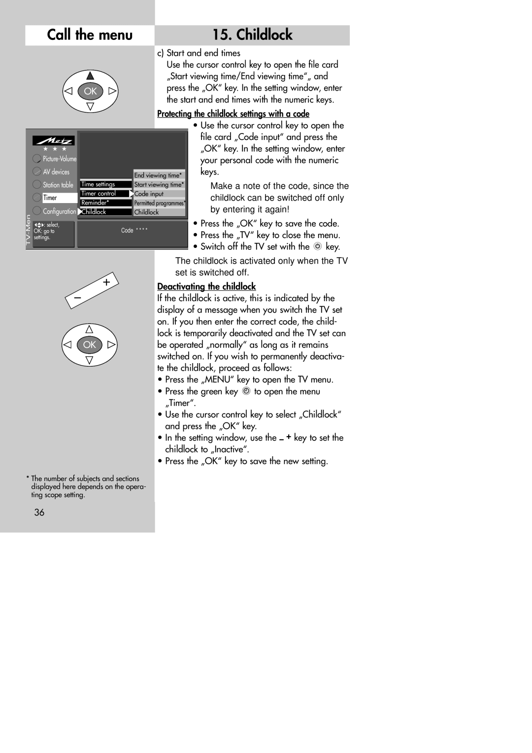 Metz MF 72TK80, MF 72TK81, MF 72TK86, MF 82TK96, MF 82TK97, MF 84TK89 manual Call the menu Childlock 