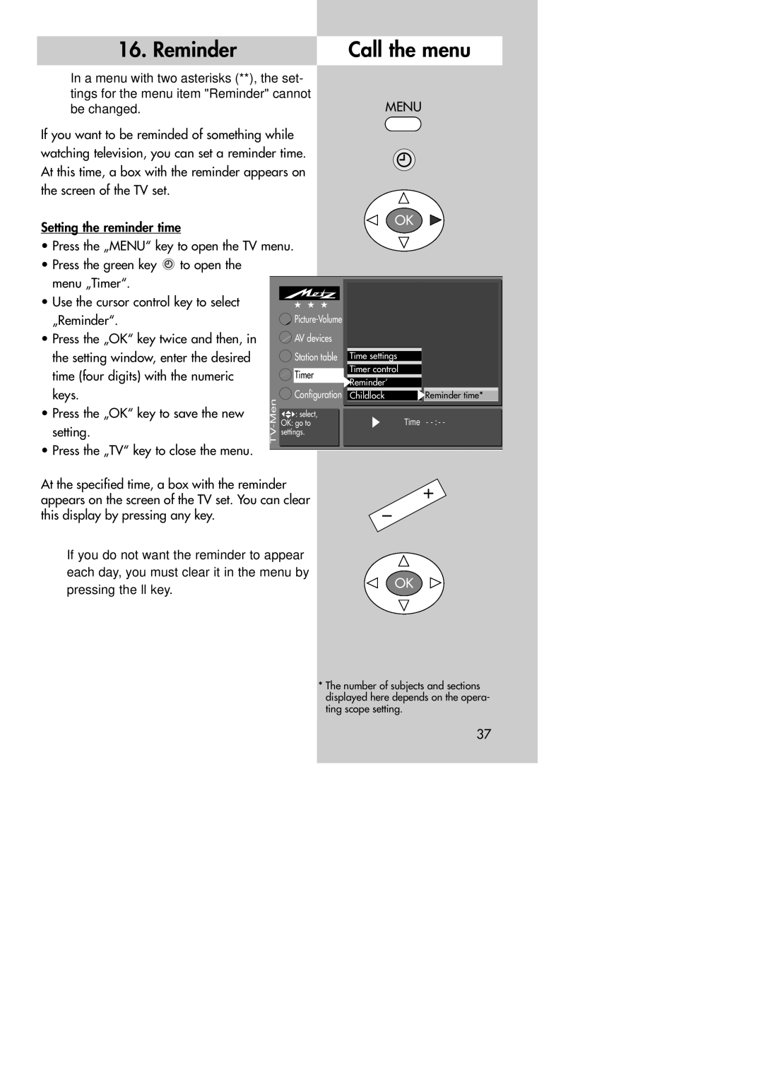 Metz MF 72TK80, MF 72TK81, MF 72TK86, MF 82TK96, MF 82TK97, MF 84TK89 manual Reminder 