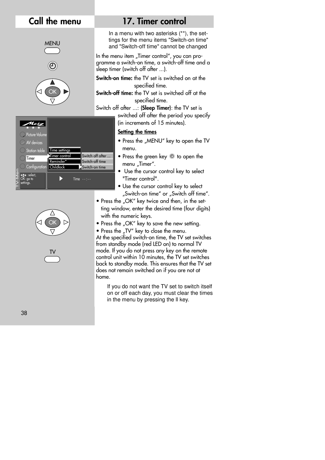 Metz MF 72TK80, MF 72TK81, MF 72TK86, MF 82TK96, MF 82TK97, MF 84TK89 manual Call the menu Timer control 