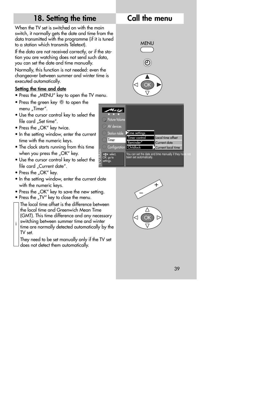 Metz MF 72TK80, MF 72TK81, MF 72TK86, MF 82TK96, MF 82TK97, MF 84TK89 manual Setting the time Call the menu 