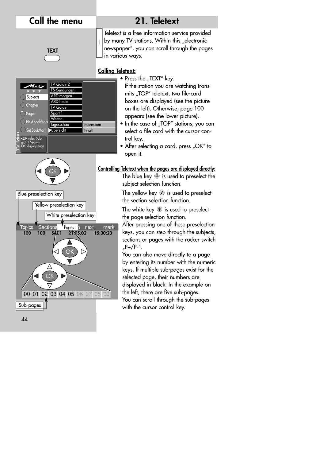 Metz MF 72TK80, MF 72TK81, MF 72TK86, MF 82TK96, MF 82TK97, MF 84TK89 Call the menu Teletext, 00 01 02 03 04 05 06 07 08 