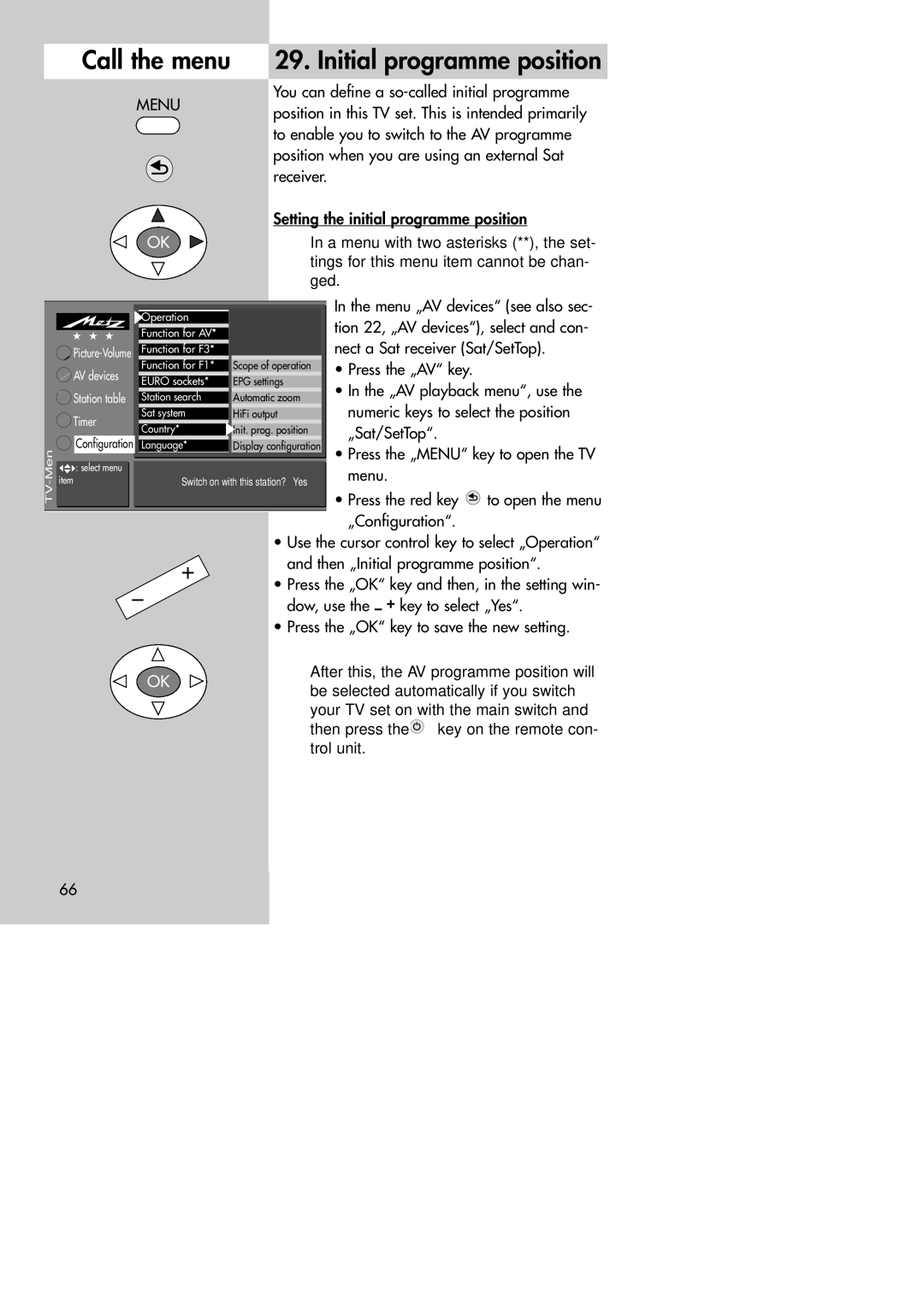 Metz MF 72TK80, MF 72TK81, MF 72TK86, MF 82TK96, MF 82TK97, MF 84TK89 manual Call the menu Initial programme position 