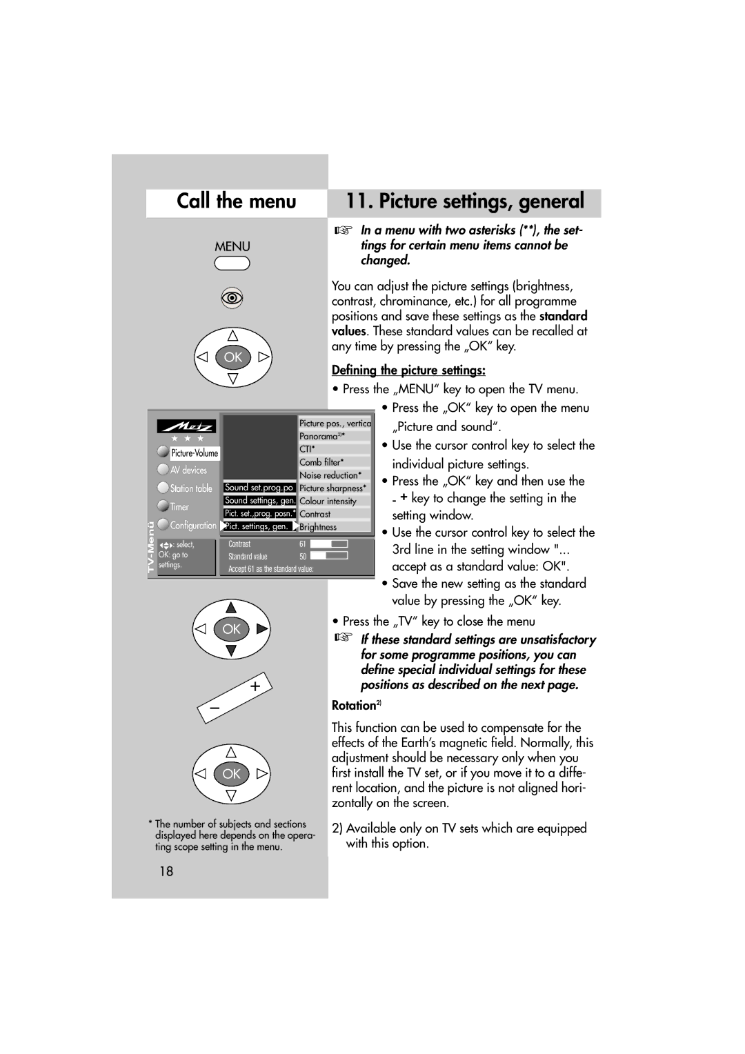 Metz MF 72TL68, MF 82TL95 manual „Picture and sound, Individual picture settings, Press the „OK key and then use, Rotation2 