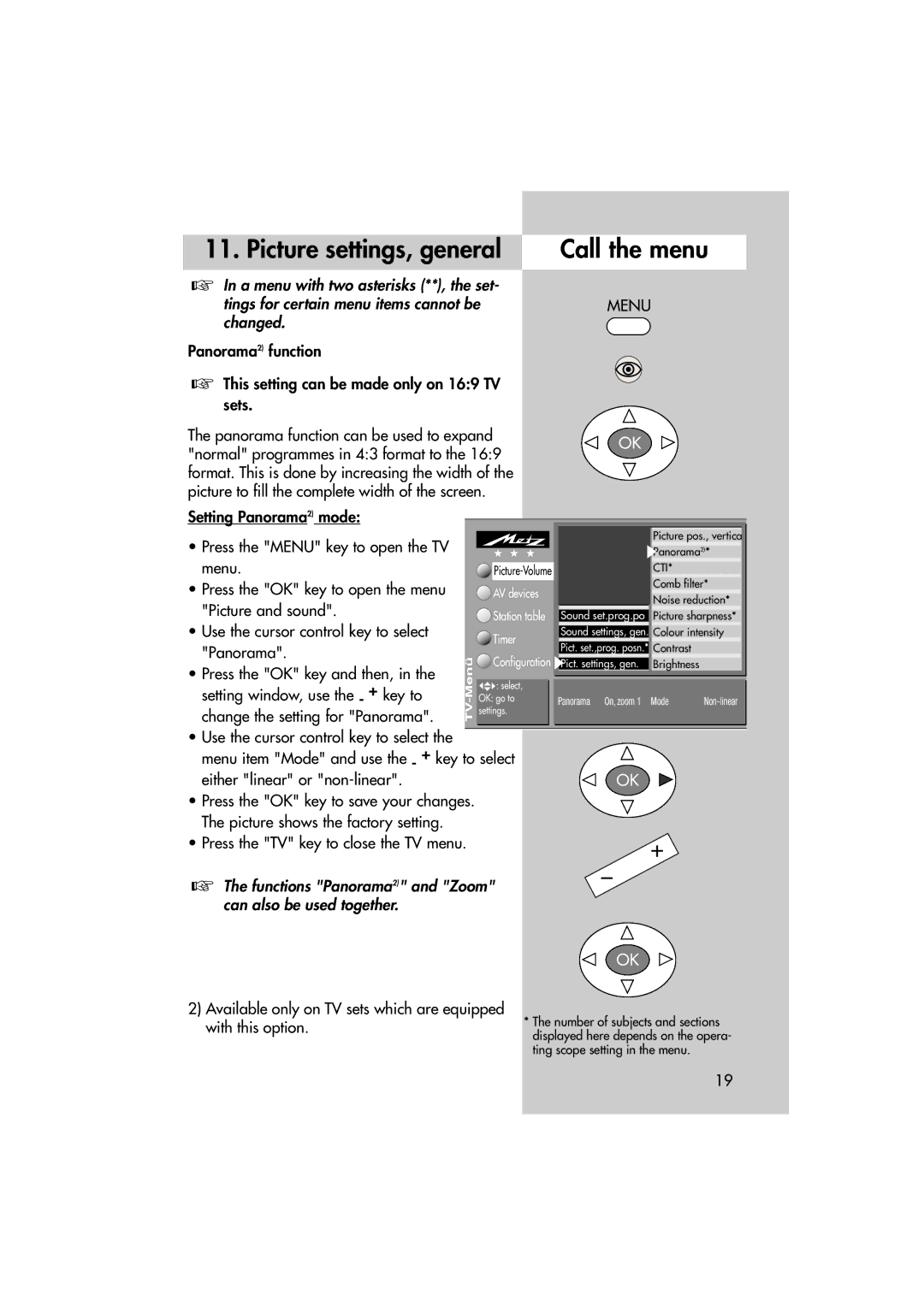 Metz MF 72TL68, MF 82TL95 manual Picture settings, general, Use the cursor control key to select 