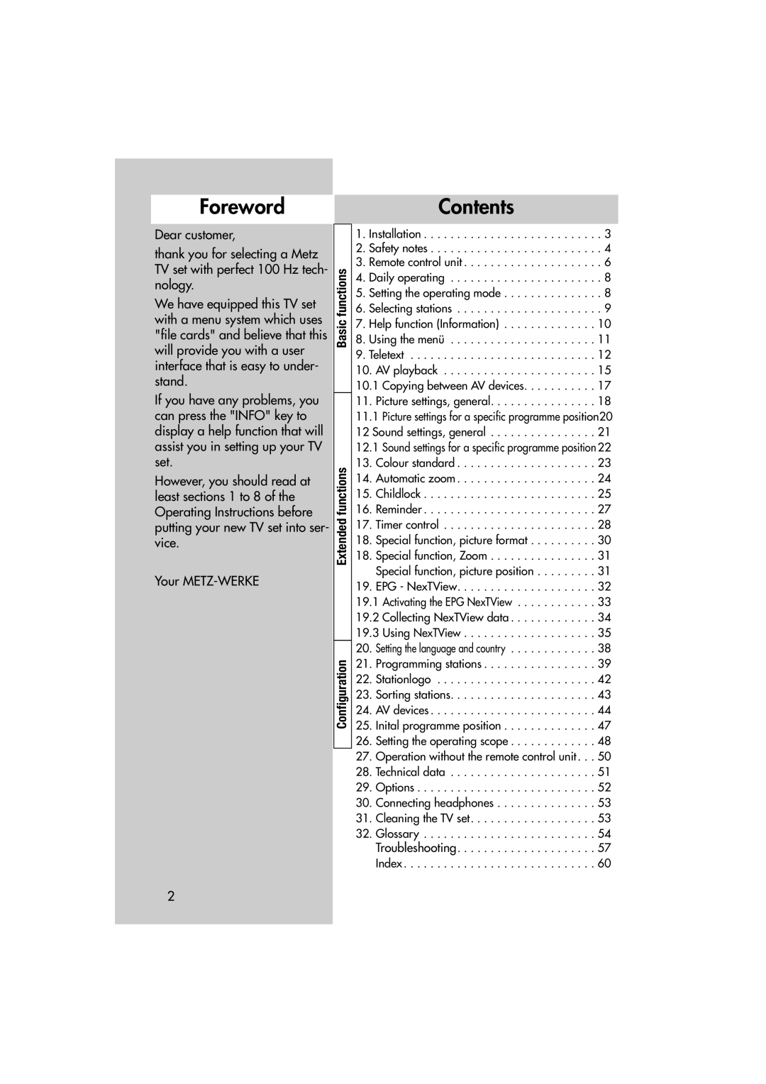 Metz MF 72TL68, MF 82TL95 manual ForewordContents 