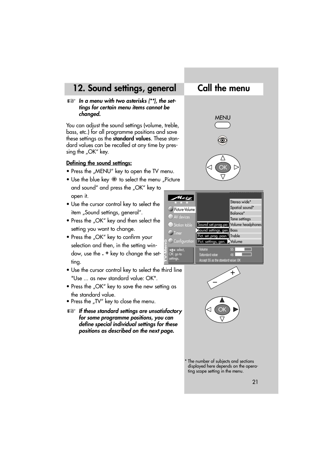 Metz MF 72TL68, MF 82TL95 manual Sound settings, general, Press the „OK key and then select, Setting you want to change 