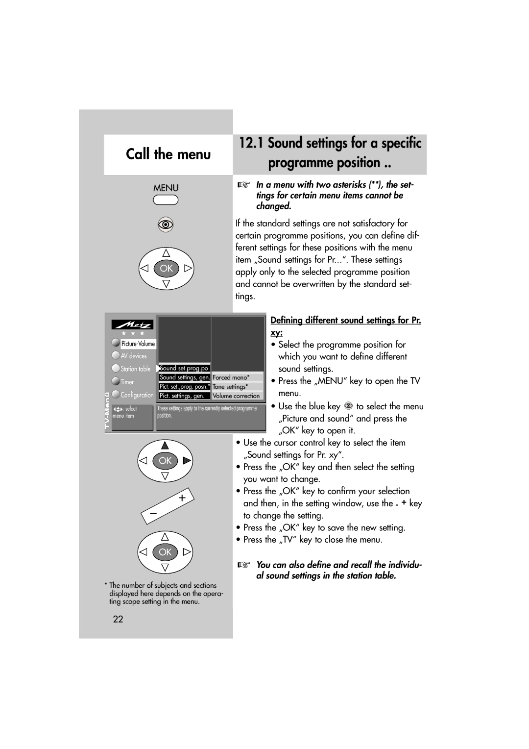 Metz MF 72TL68, MF 82TL95 manual Sound settings for a specific programme position 