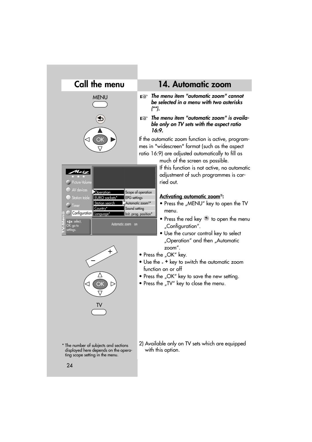 Metz MF 72TL68, MF 82TL95 manual Call the menu Automatic zoom 