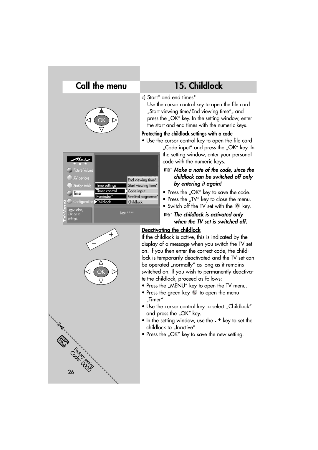 Metz MF 72TL68, MF 82TL95 manual Call the menu15. Childlock 