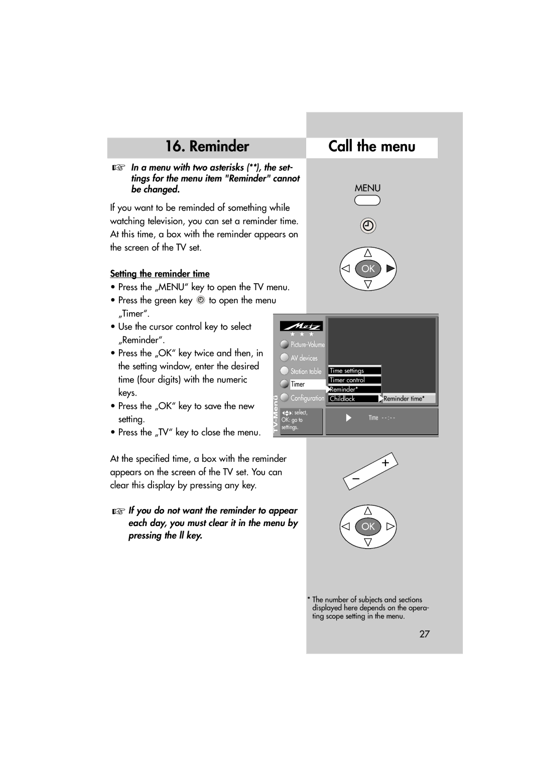 Metz MF 72TL68, MF 82TL95 manual Reminder Call the menu, Press the „TV key to close the menu 