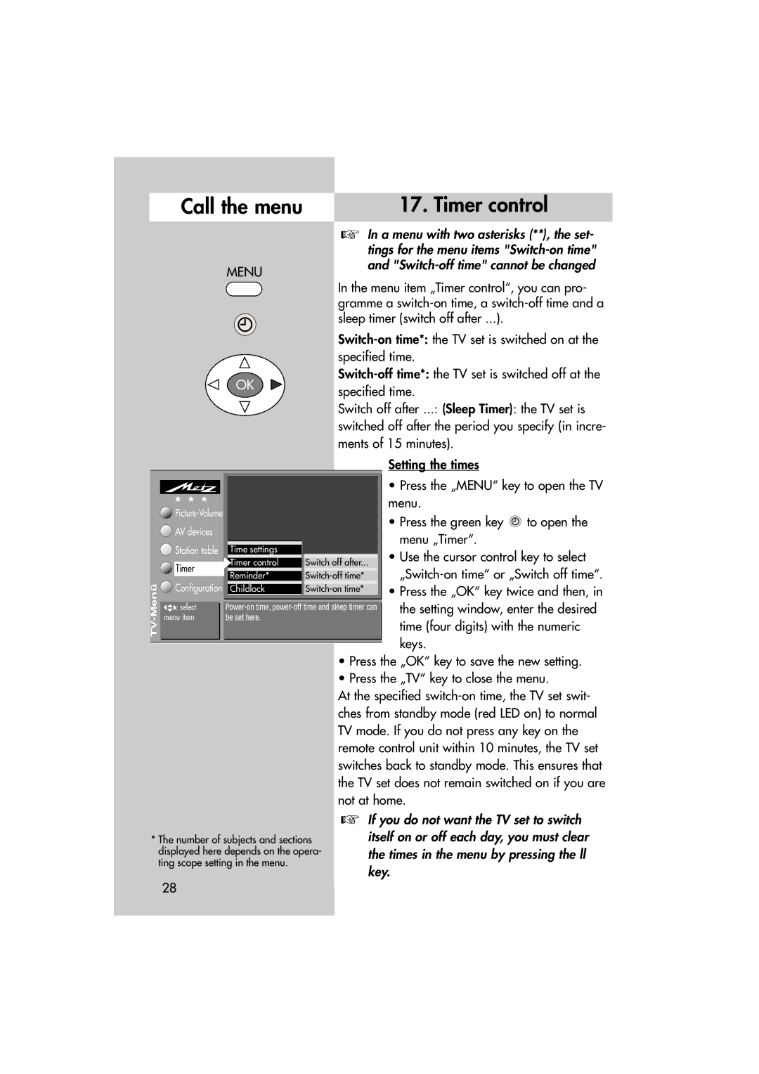 Metz MF 72TL68, MF 82TL95 manual Timer control, Picture-Volume AV devices 