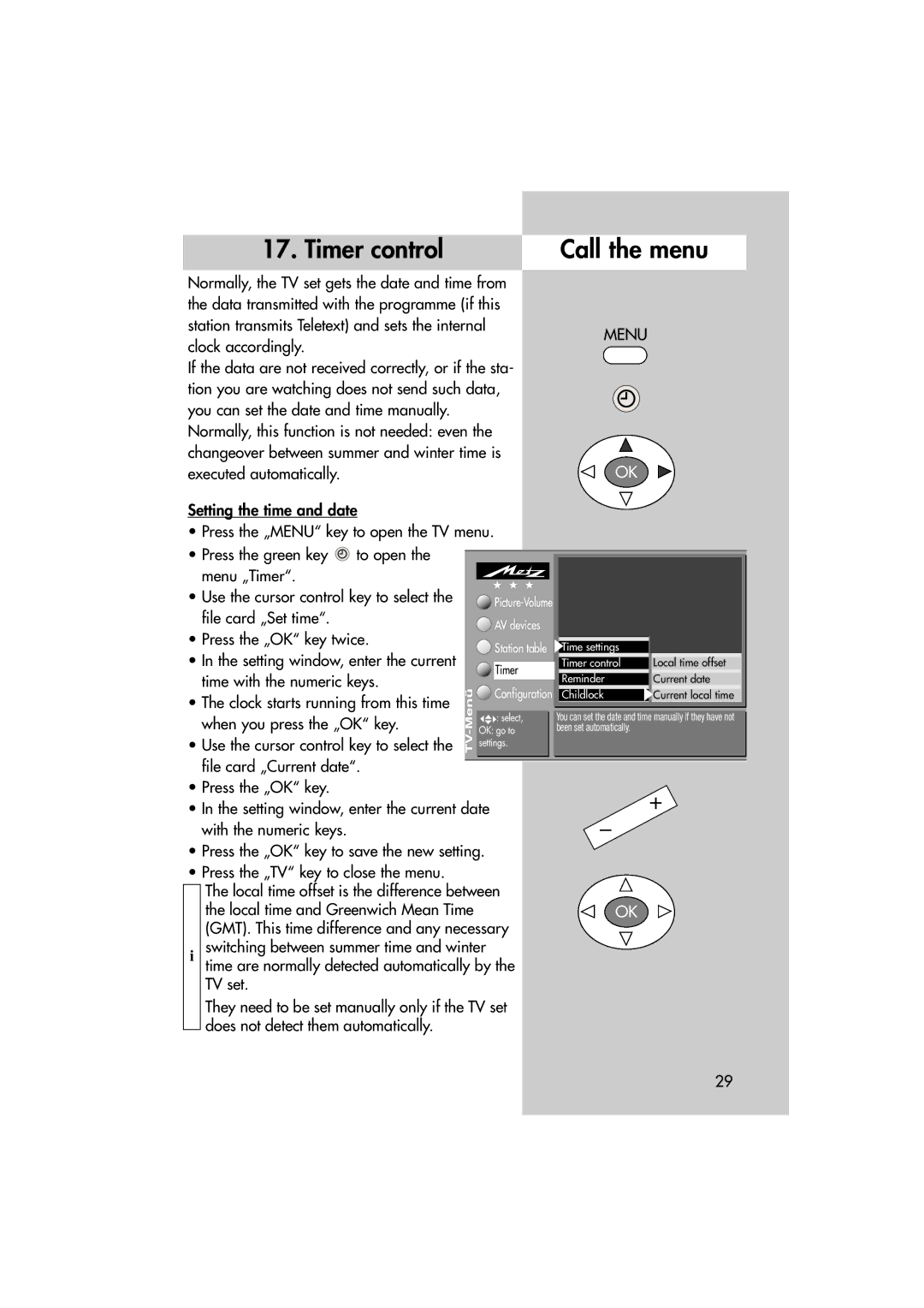 Metz MF 72TL68, MF 82TL95 manual Timer control Call the menu, Reminder Current date Childlock 