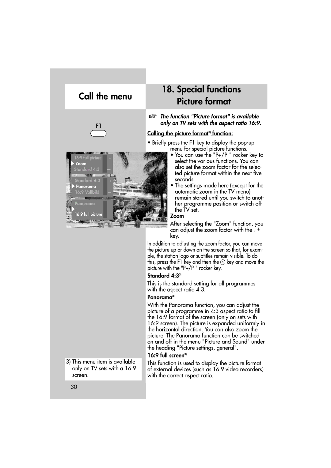 Metz MF 72TL68, MF 82TL95 manual Special functions Picture format, Calling the picture format3 function 