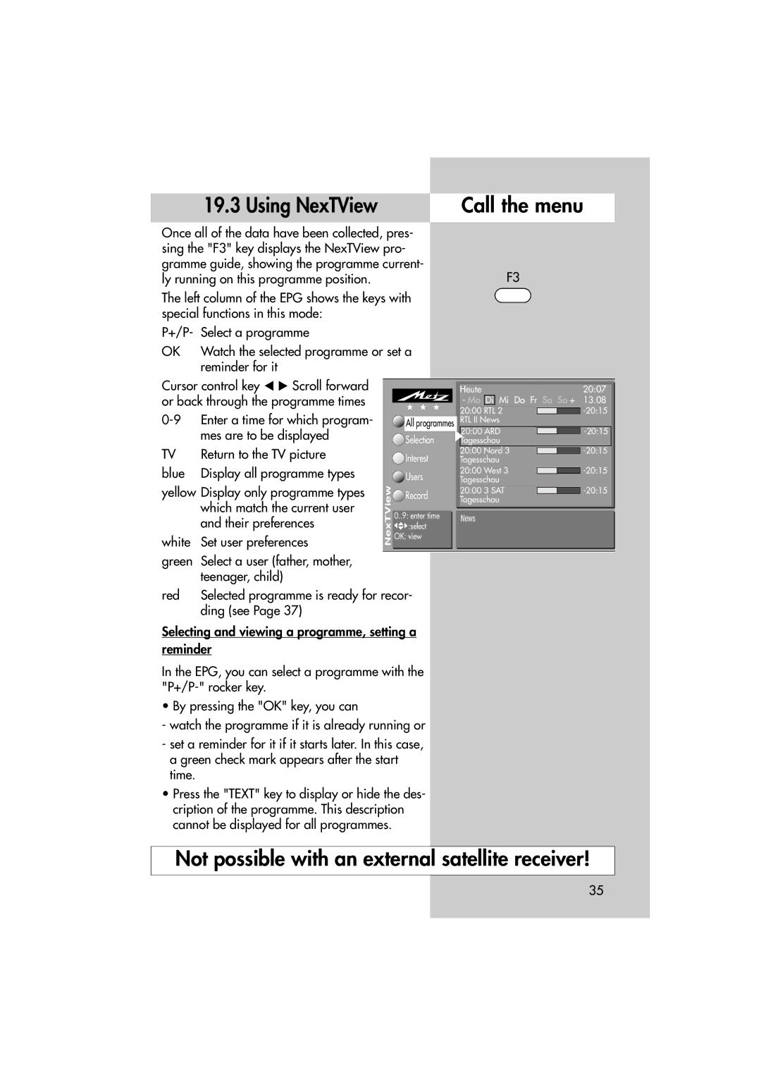 Metz MF 72TL68, MF 82TL95 manual Using NexTView Call the menu 