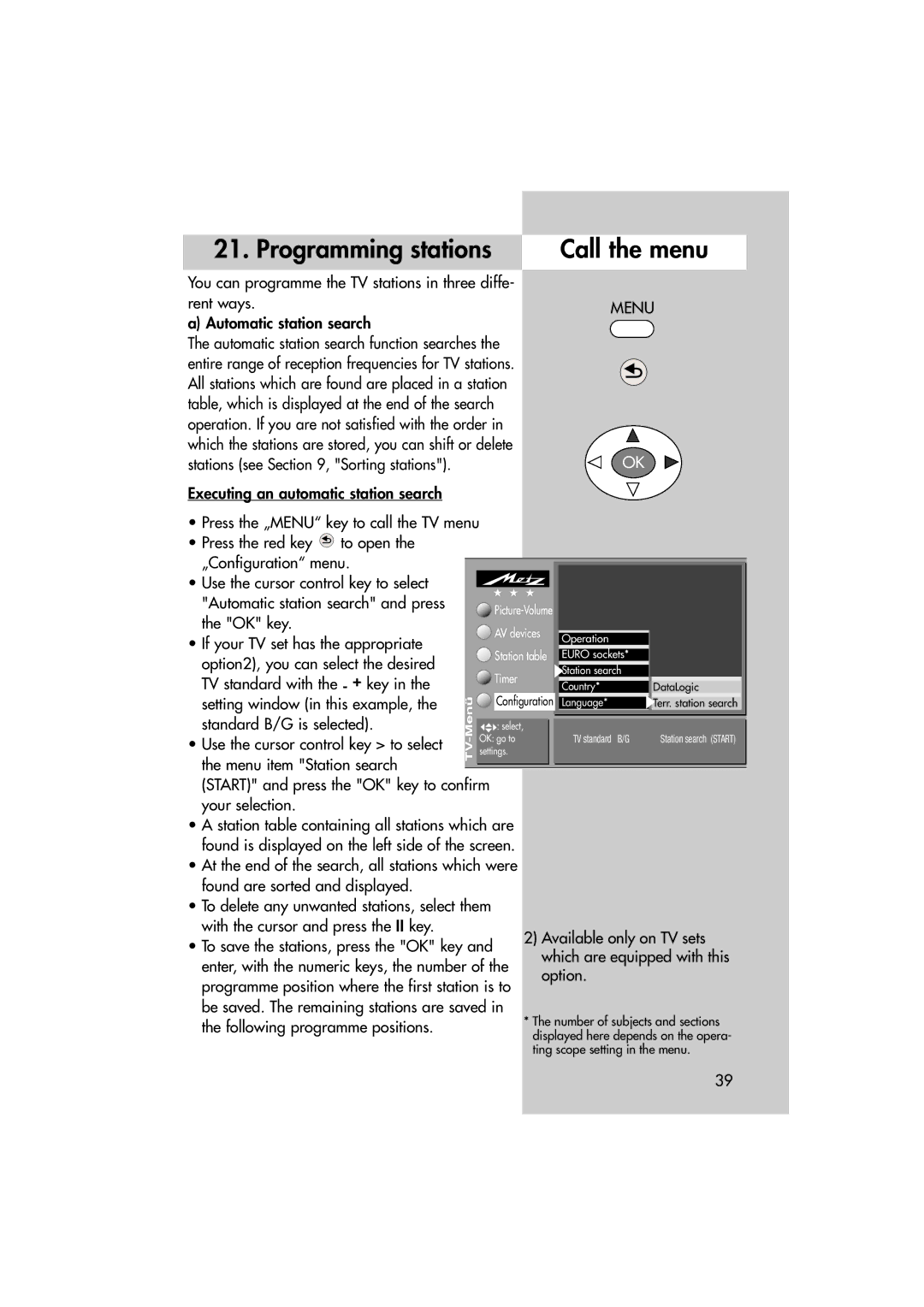 Metz MF 72TL68, MF 82TL95 manual Programming stations Call the menu 