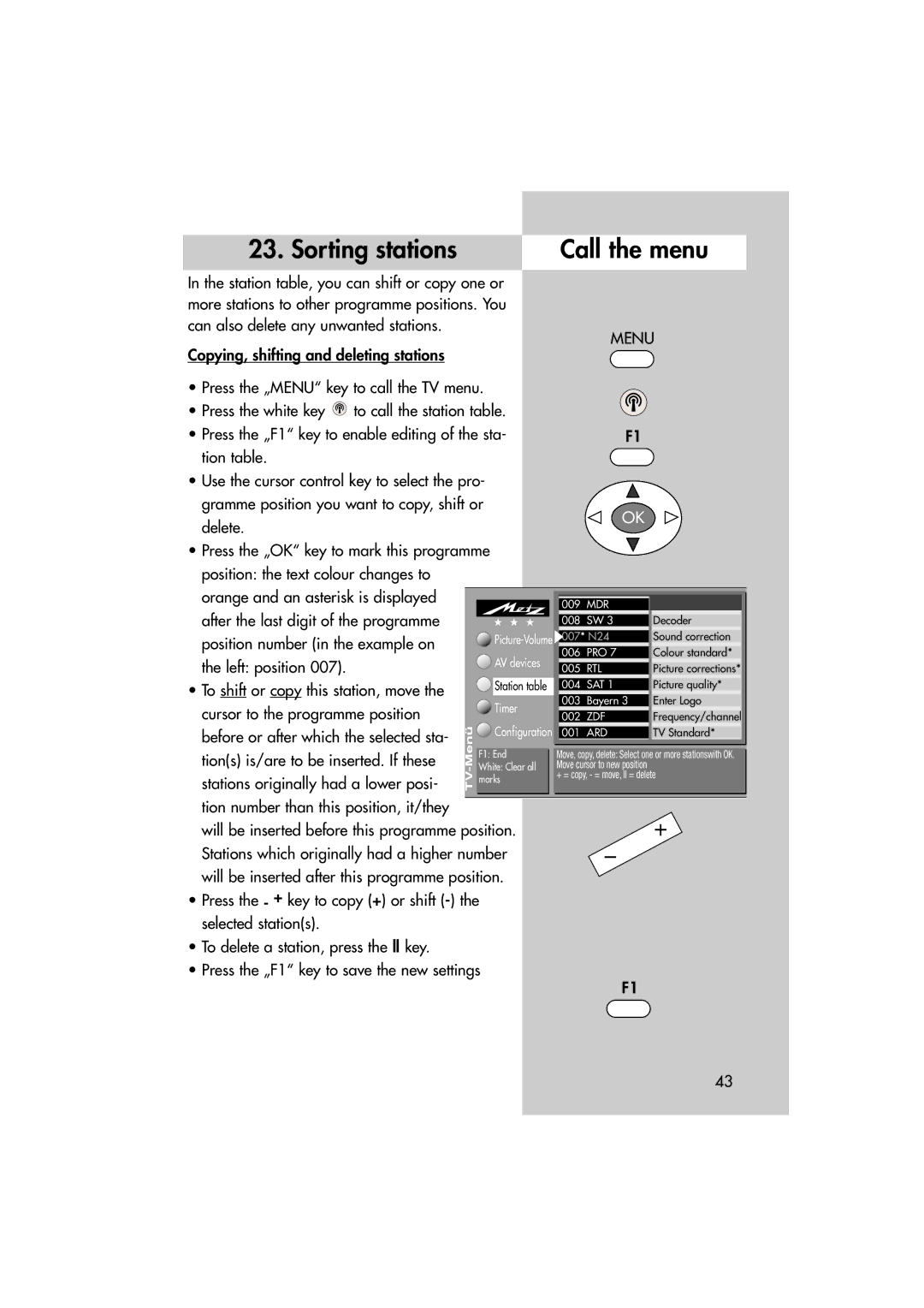 Metz MF 72TL68, MF 82TL95 manual Sorting stations Call the menu, Copying, shifting and deleting stations 