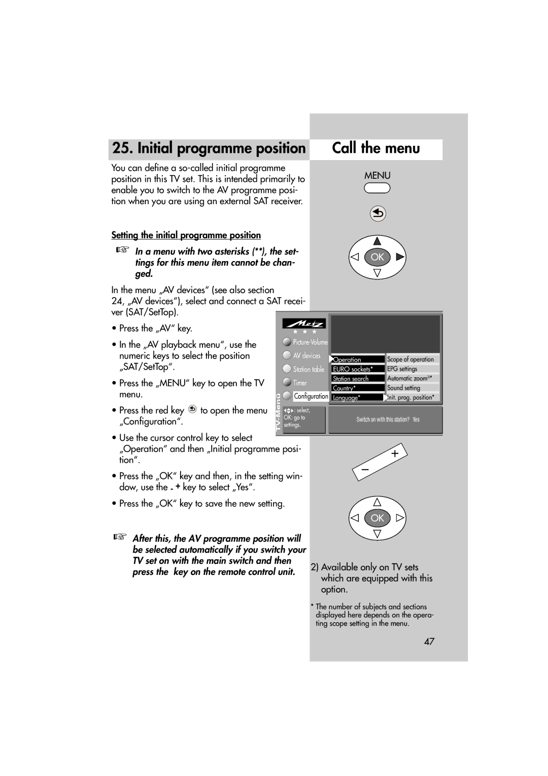 Metz MF 72TL68, MF 82TL95 Initial programme position Call the menu, You can define a so-called initial programme, Option 