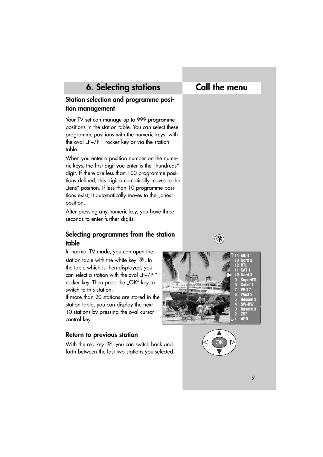 Metz MF 72TL68, MF 82TL95 manual Selecting stations Call the menu, Station selection and programme posi- tion management 