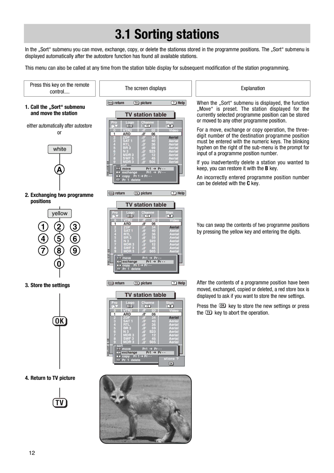 Metz MF PIP 72TF81 manual Sorting stations, Positions, Store the settings, Return to TV picture 