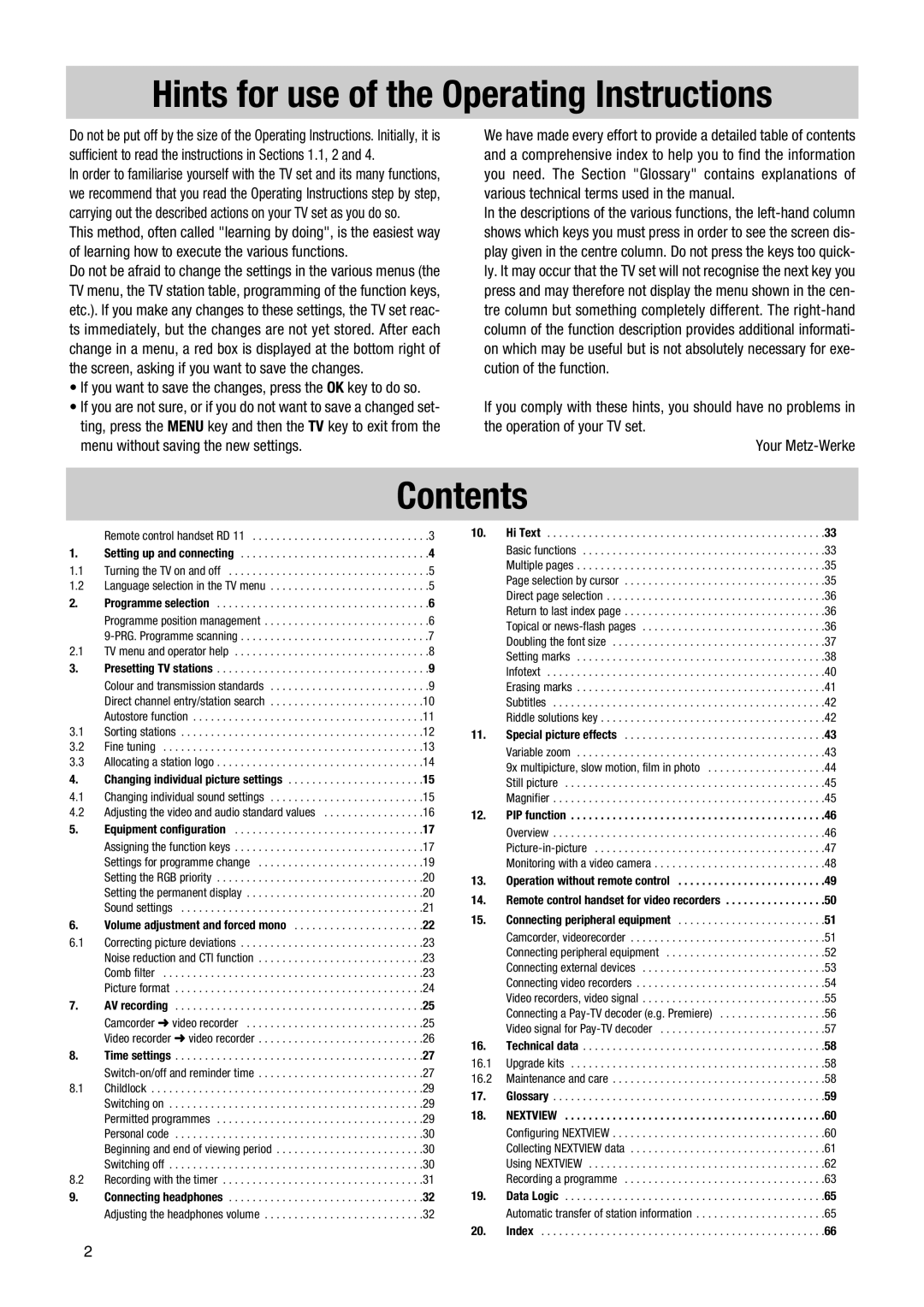 Metz MF PIP 72TF81 manual Hints for use of the Operating Instructions, Contents 