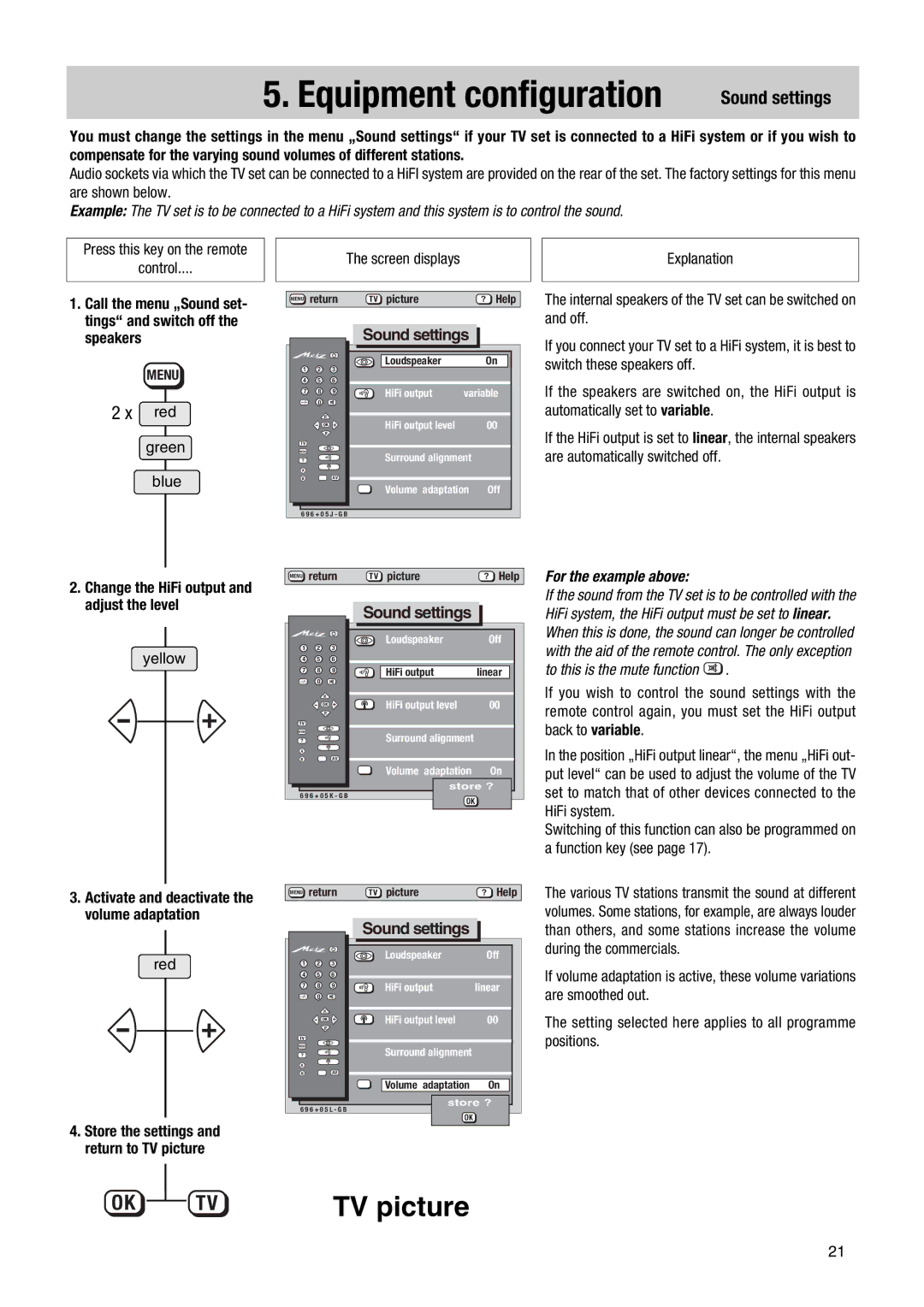 Metz MF PIP 72TF81 manual Sound settings, For the example above 