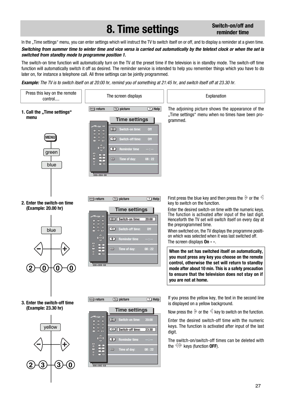 Metz MF PIP 72TF81 manual Switch-on/off Reminder time, Call the „Time settings menu, Key to switch on the function 