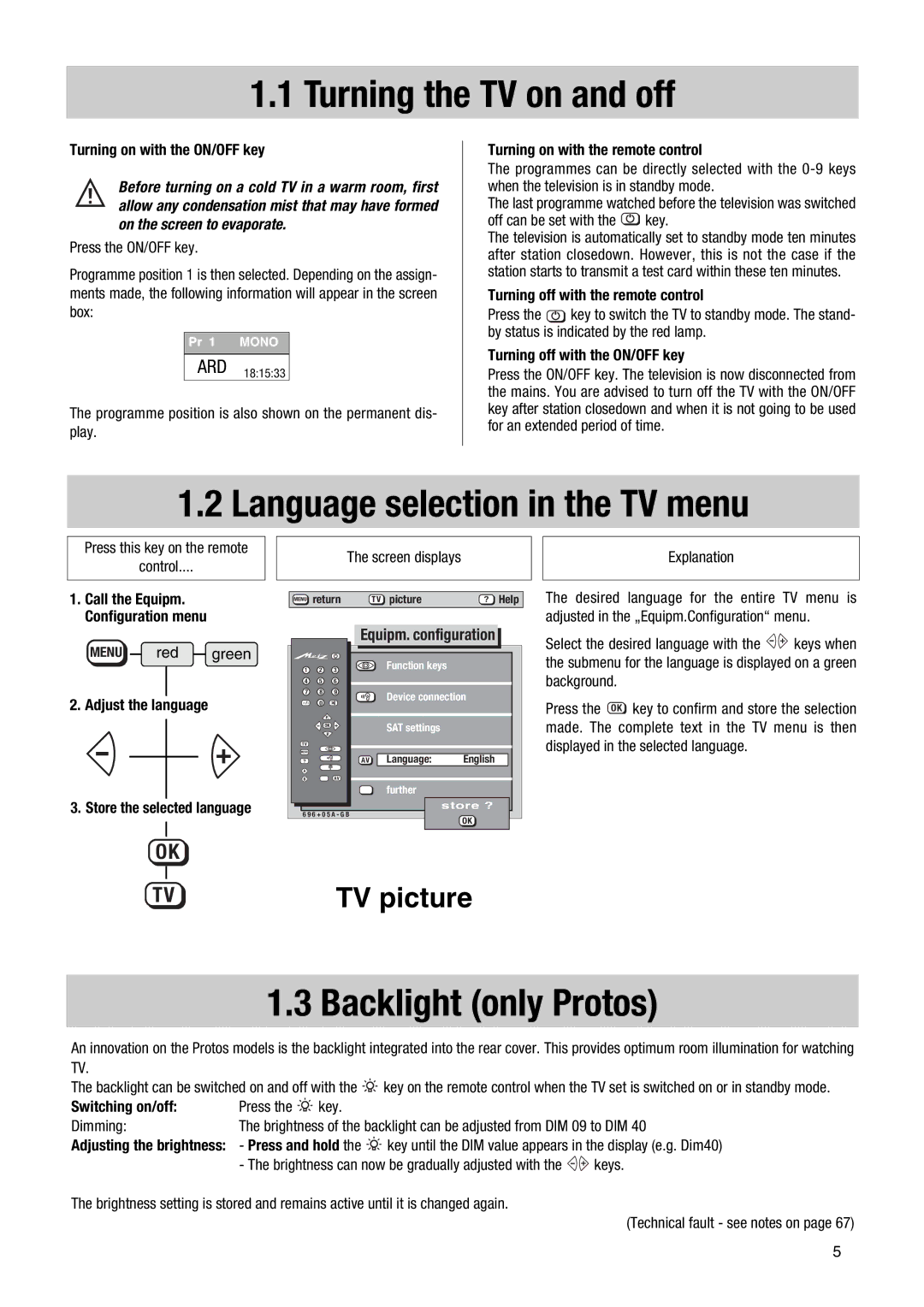 Metz MF PIP 72TF81 manual Turning the TV on and off, Language selection in the TV menu, Backlight only Protos 