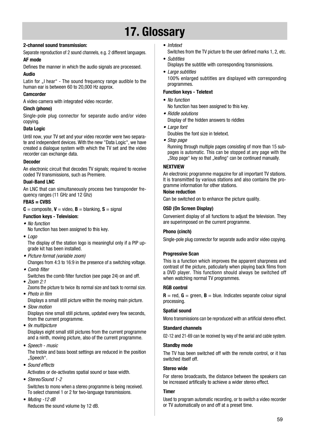 Metz MF PIP 72TF81, 72 TF 80, 72 TF 81, 72 TF 82, 72 TF 83, 72 TF 86, 72 TF 88, 84 TF 88, 72 TF 89 manual Glossary 