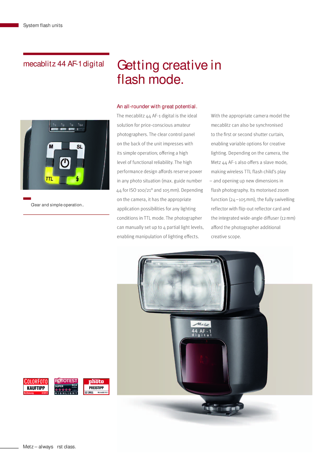 Metz MZ 44314N manual Flash mode, An all-rounder with great potential 