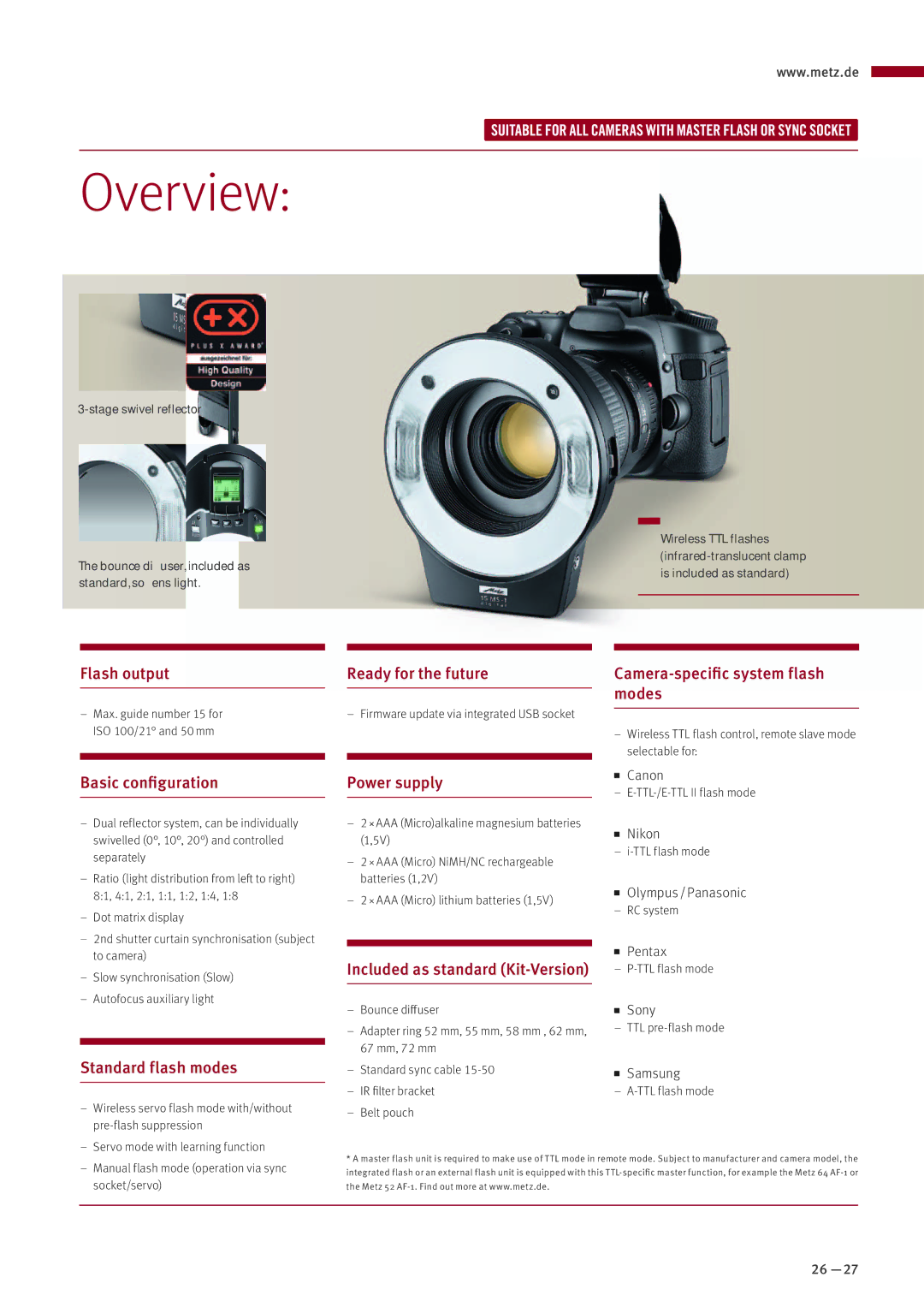 Metz MZ 44314N manual Ready for the future Camera-specific system flash Modes, Included as standard Kit-Version 