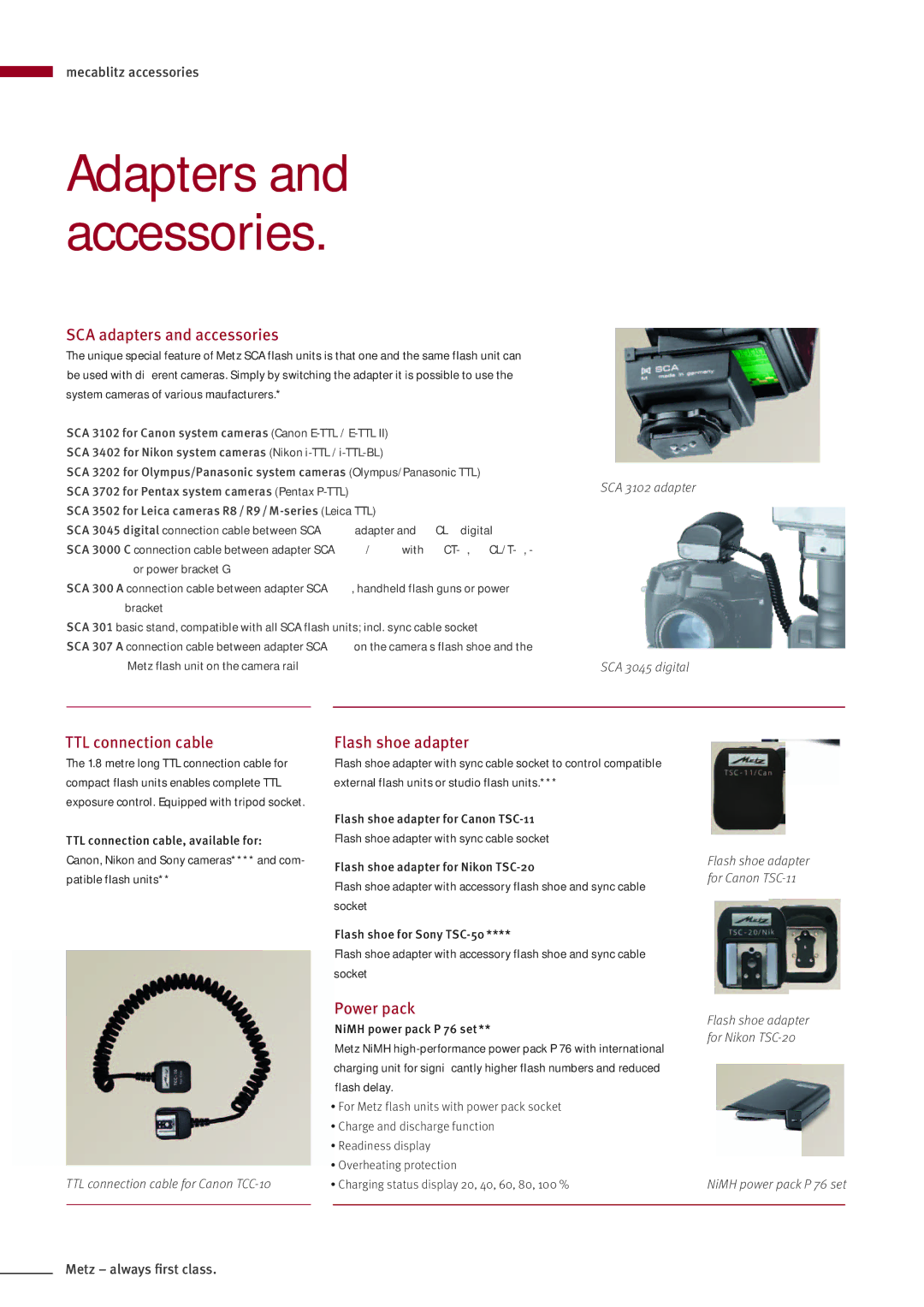 Metz MZ 44314N manual SCA adapters and accessories, TTL connection cable, Flash shoe adapter, Power pack 