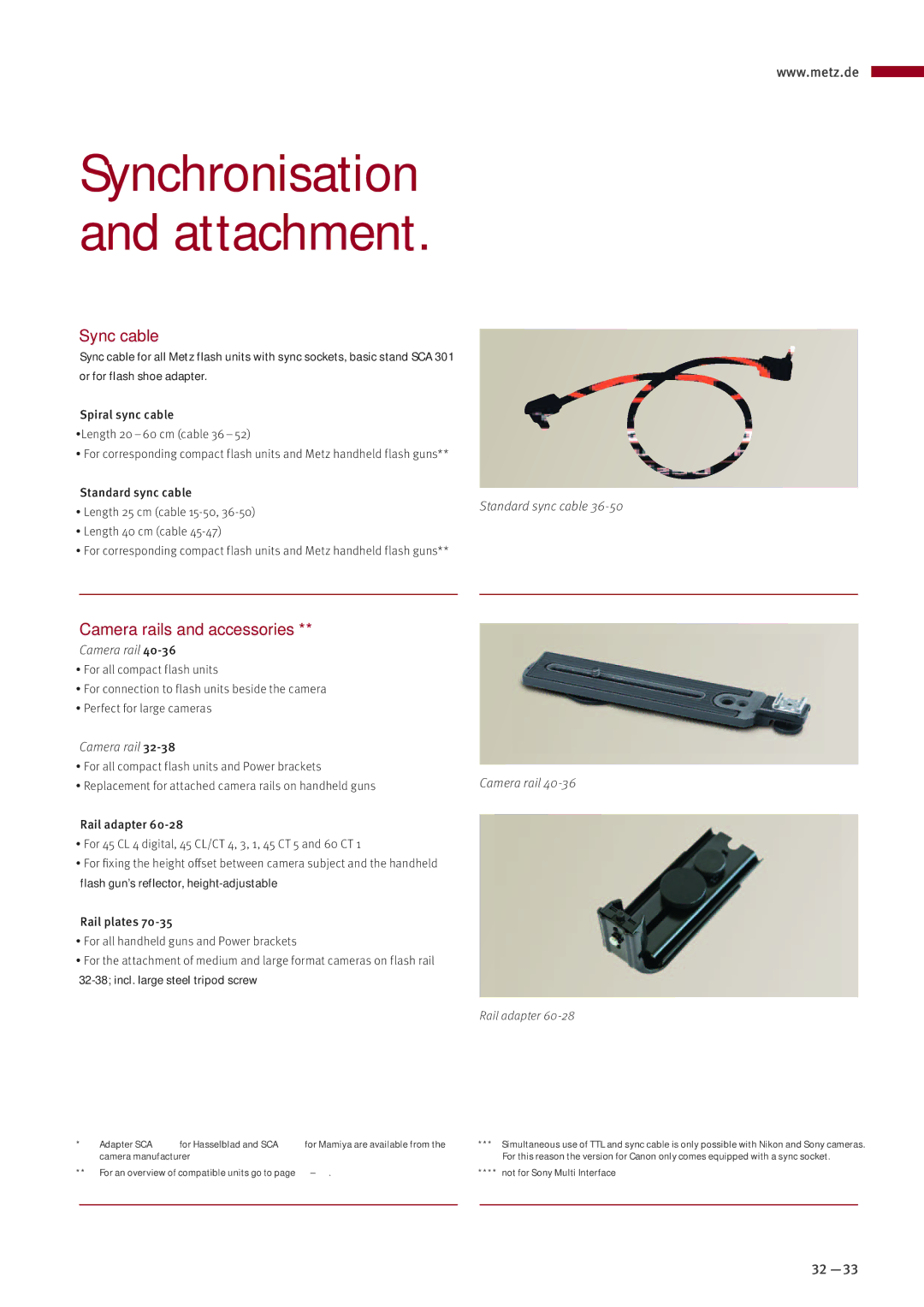 Metz MZ 44314N manual Sync cable, Camera rails and accessories 