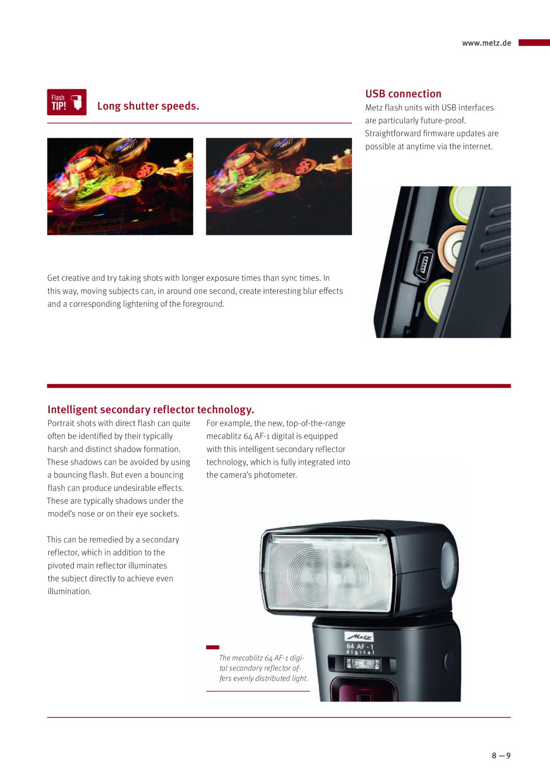 Metz MZ 44314N manual Long shutter speeds, USB connection, Intelligent secondary reflector technology 