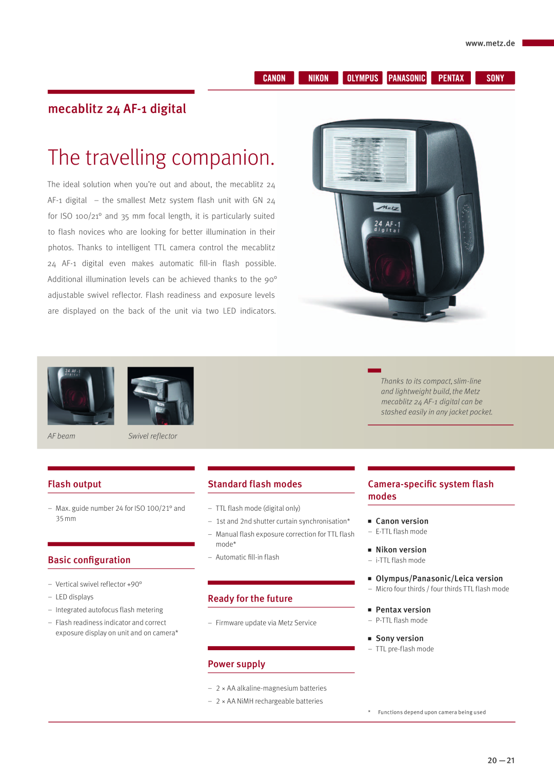 Metz MZ 44314N manual The travelling companion, mecablitz 24 AF-1 digital, Flash output, Basic configuration, Power supply 
