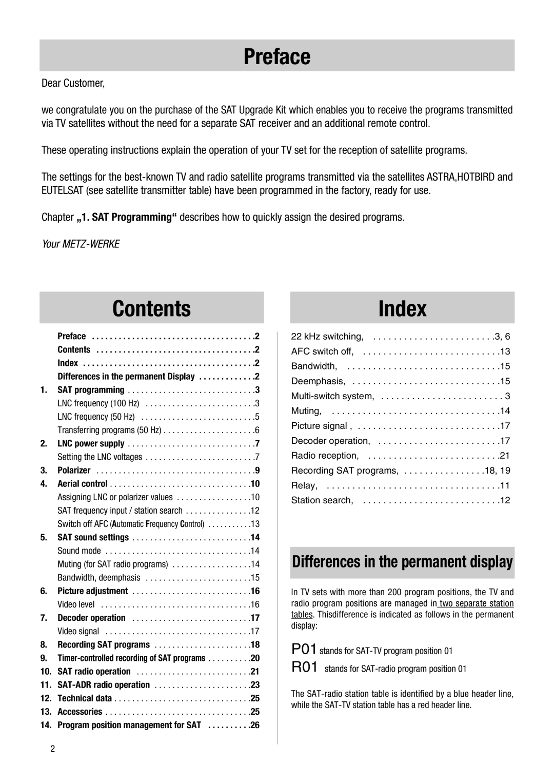 Metz 1014 083, NB 1018, 082 NB, 081, NB 1010 operating instructions Preface, Index 