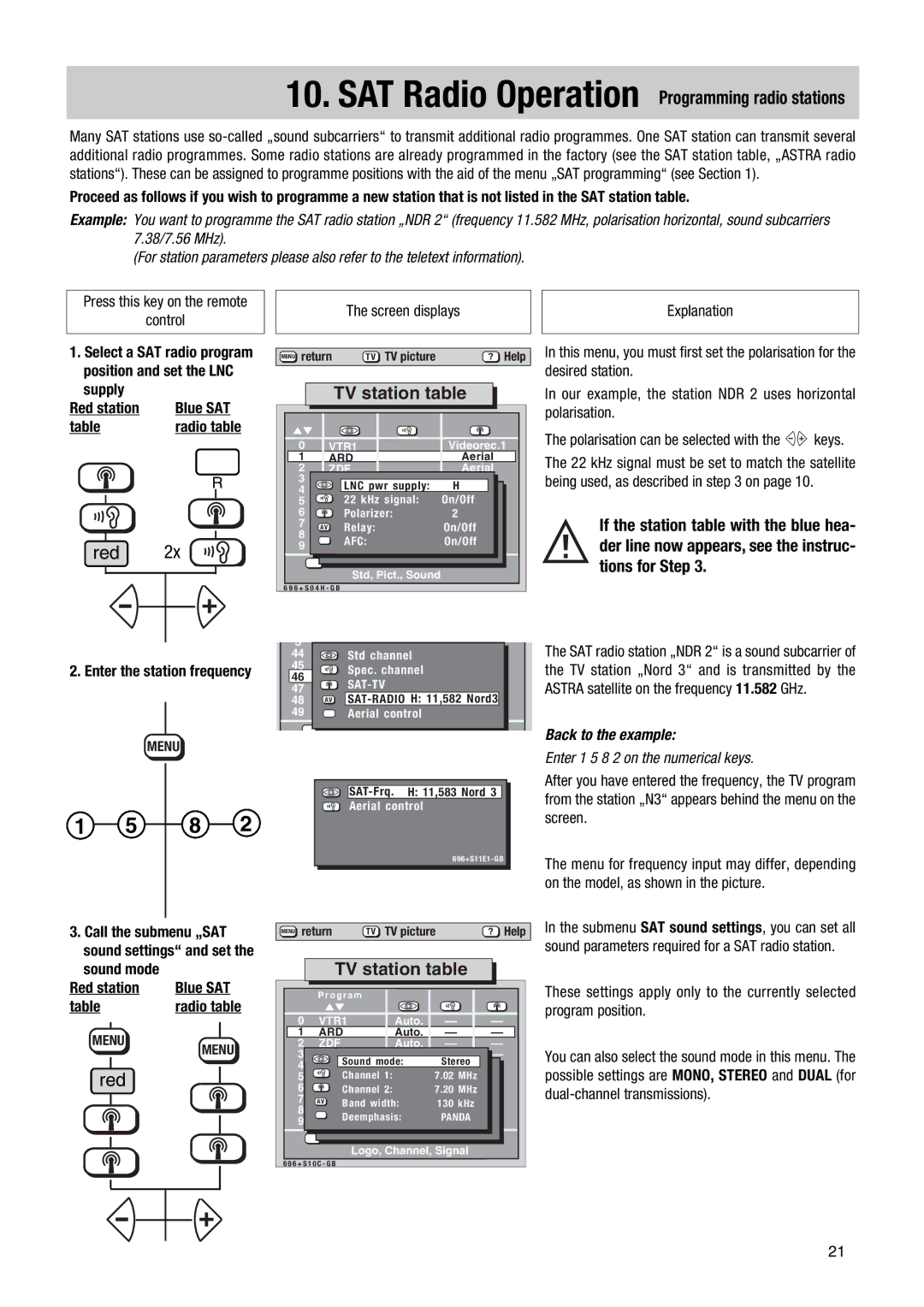 Metz 082 NB SAT Radio Operation Programming radio stations, Our example, the station NDR 2 uses horizontal polarisation 