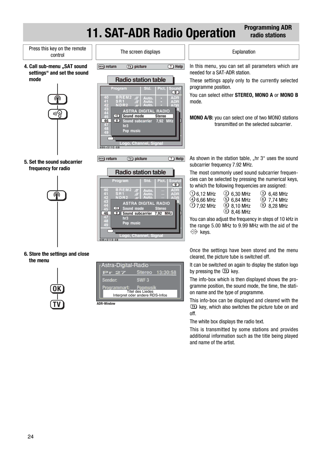 Metz NB 1010, NB 1018, 082 NB Radio station table, Radio stations, Call sub-menu „SAT sound settings and set the sound mode 